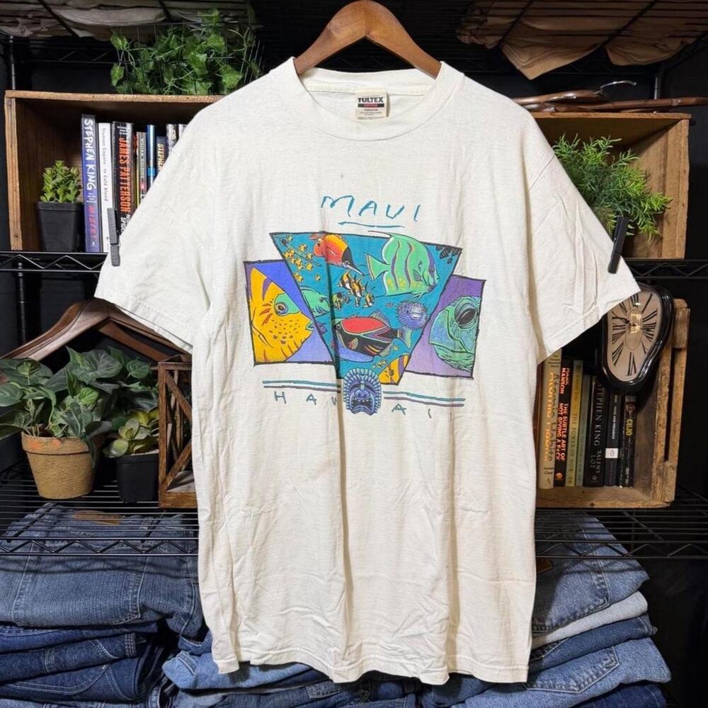 Vintage 90s Maui Hawaii Fish Tee White Ocean Surf Nature Shirt Mens Large